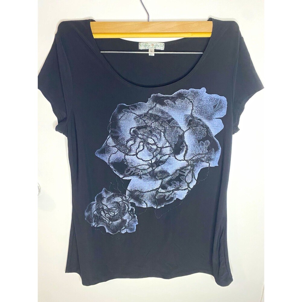 Vintage Suzie Women’s L Black Scoop Neck Short Sleeve Floral Graphic T-Shirt